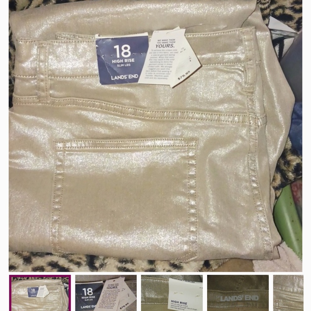 LANDS' END HIGH RISE SLIM LEG FOILED METALLIC GOLD JEANS